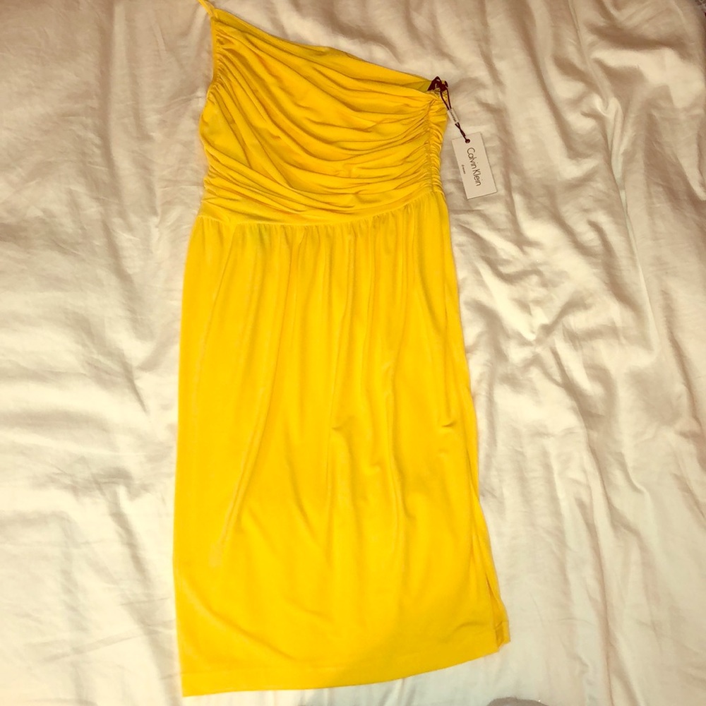 Calvin Klein buttercup yellow one shoulder dress